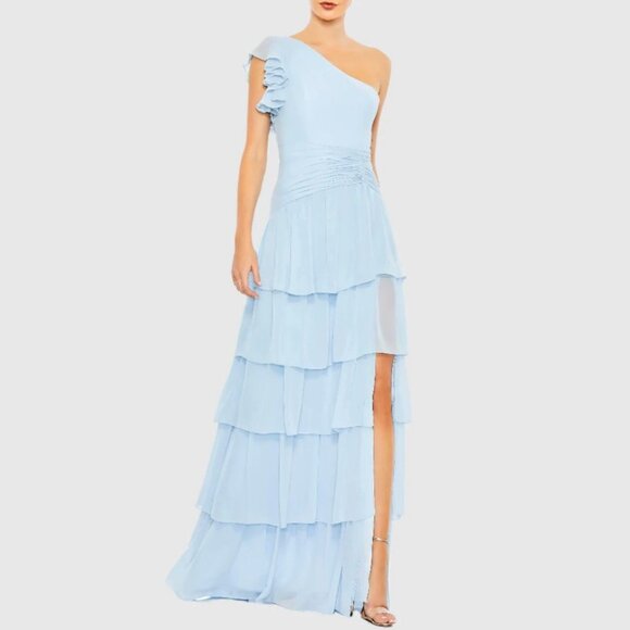 Mac Duggal Blue Ruffle Tiered One Flutter Sleeve Gown Size 8 NWT